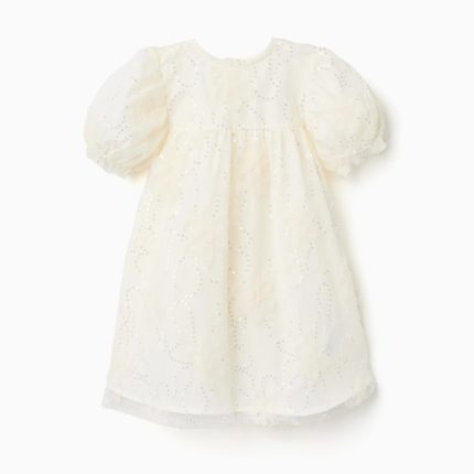 Robe blanche à manches bouffantes et fleurs 3D pour bébé fille