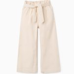 Pantalon large en coton dobby avec ceinture pour filles, beige clair