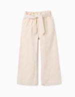 Pantalon large en coton dobby avec ceinture pour filles, beige clair