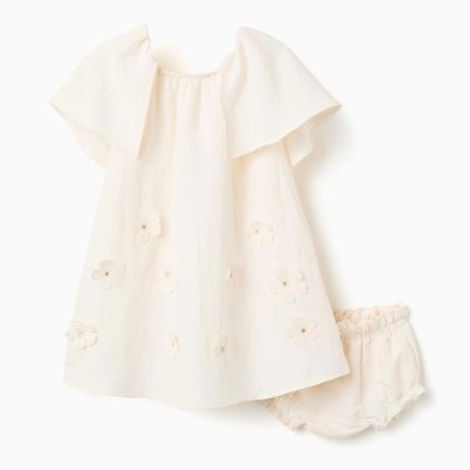 Robe à appliqués floraux + bloomer pour nouveau-né et bébé fille, beige