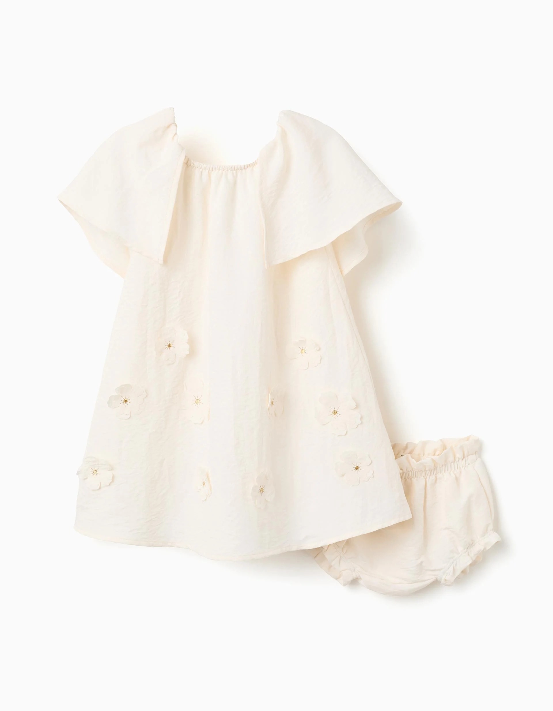 31077056021-1 Robe à appliqués floraux + bloomer pour nouveau-né et bébé fille, beige – Image 1