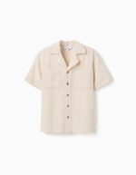 Chemise en coton à manches courtes avec poches poitrine pour garçons, beige clair