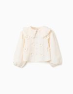 Blouse à manches bouffantes et appliqués floraux pour filles, beige clair