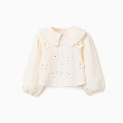 Blouse à manches bouffantes et appliqués floraux pour filles, beige clair