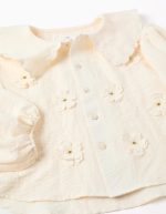 Blouse à manches bouffantes et appliqués floraux pour filles, beige clair – Image 3