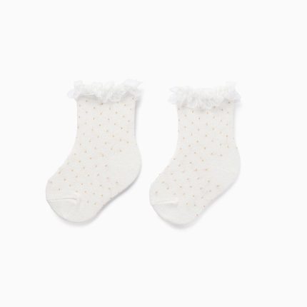 Chaussettes mi-mollet à pois et volants pour bébé fille, blanches