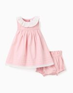 Robe en popeline + bloomer à volants pour nouveau-née, rose clair