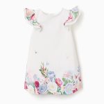 Robe en coton à fleurs et manches à volants pour bébé fille, blanche