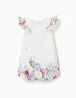 Robe en coton à fleurs et manches à volants pour bébé fille, blanche