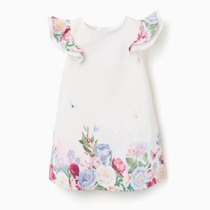 Robe en coton à fleurs et manches à volants pour bébé fille, blanche