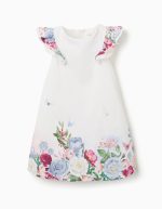 Robe en coton à fleurs et manches à volants pour filles, blanche