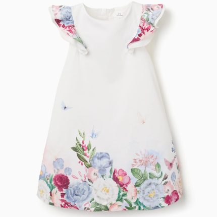 Robe en coton à fleurs et manches à volants pour filles, blanche