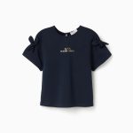 T-shirt bleu foncé à imprimé et nœuds décoratifs pour filles