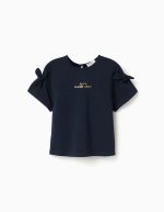 T-shirt bleu foncé à imprimé et nœuds décoratifs pour filles