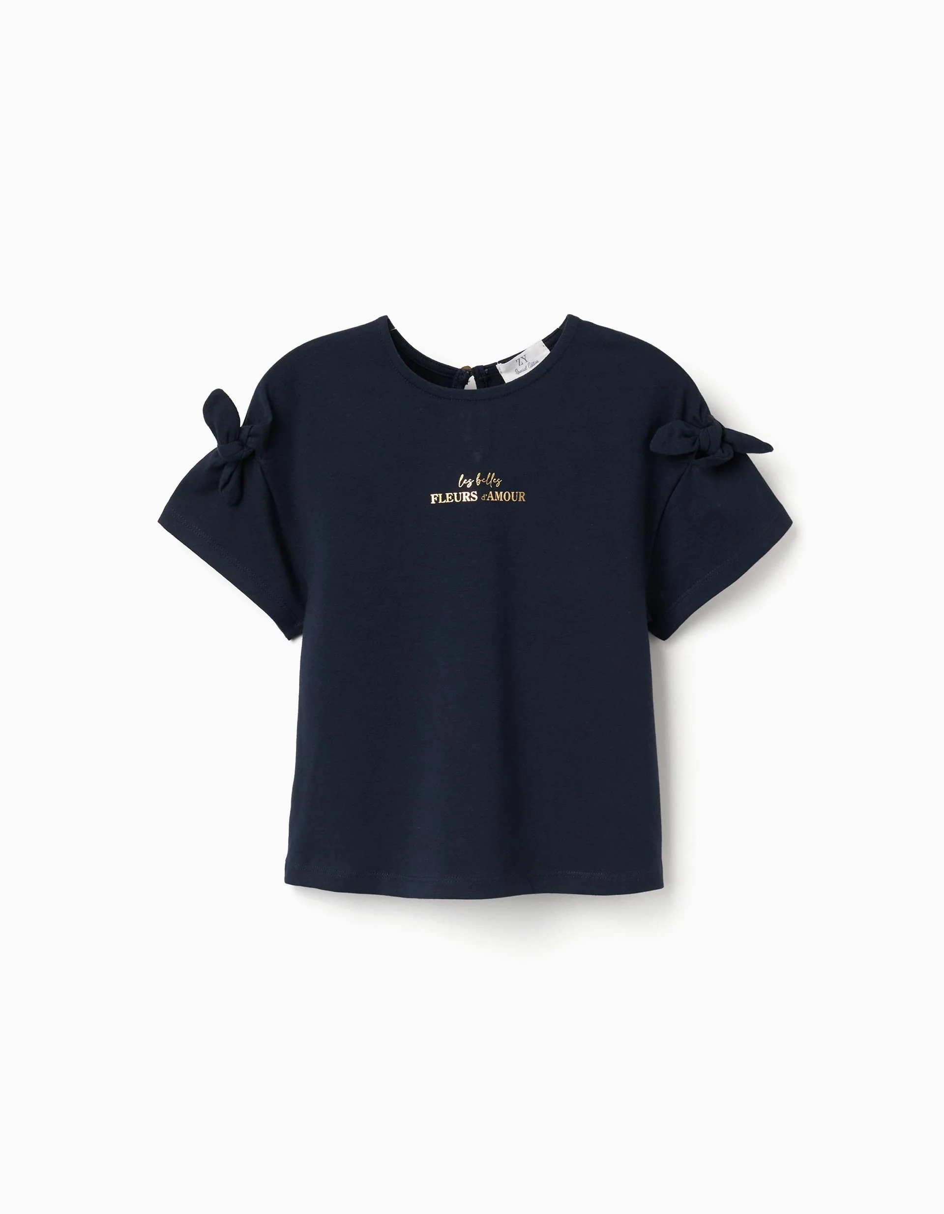 31079136712-0 T-shirt bleu foncé à imprimé et nœuds décoratifs pour filles – Image 1