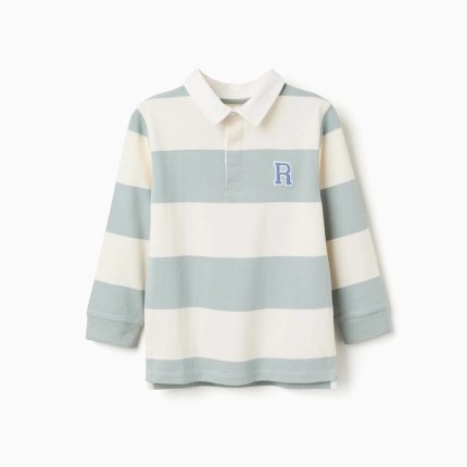 Polo à manches longues rayé pour garçon, blanc/vert clair