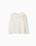 T-shirt à manches longues en coton côtelé avec broderie anglaise pour filles, blanc