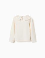 T-shirt à manches longues en coton côtelé avec broderie anglaise pour filles, blanc – Image 2