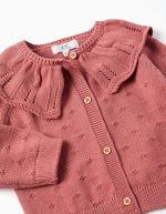Veste en maille de coton ajourée à col volanté pour bébé fille, rose – Image 3