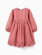 Robe en popeline à manches longues avec broderie anglaise pour fille, rose