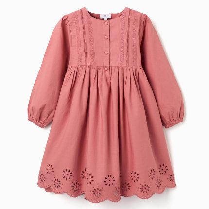 Robe en popeline à manches longues avec broderie anglaise pour fille, rose