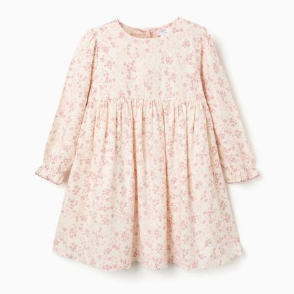 Robe fleurie à manches longues doublée pour filles, beige clair/rose