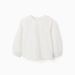 Chemisier en popeline à manches longues et plis sur le devant pour filles, blanc