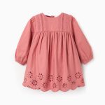 Robe en popeline à manches longues avec broderie anglaise pour bébé fille, rose