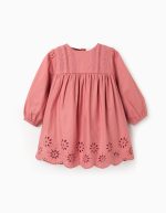 Robe en popeline à manches longues avec broderie anglaise pour bébé fille, rose