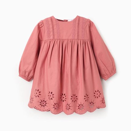 Robe en popeline à manches longues avec broderie anglaise pour bébé fille, rose