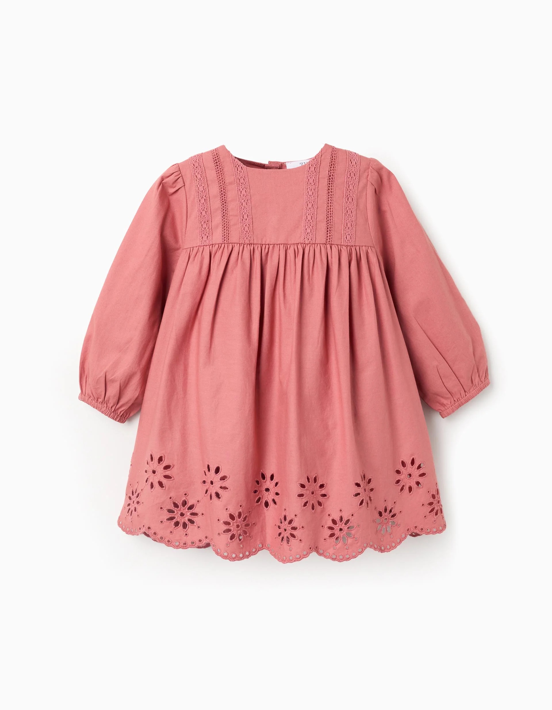 31079589038-0 Robe en popeline à manches longues avec broderie anglaise pour bébé fille, rose – Image 1