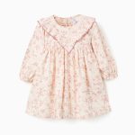 Robe fleurie à manches longues doublée pour bébé fille, beige clair/rose