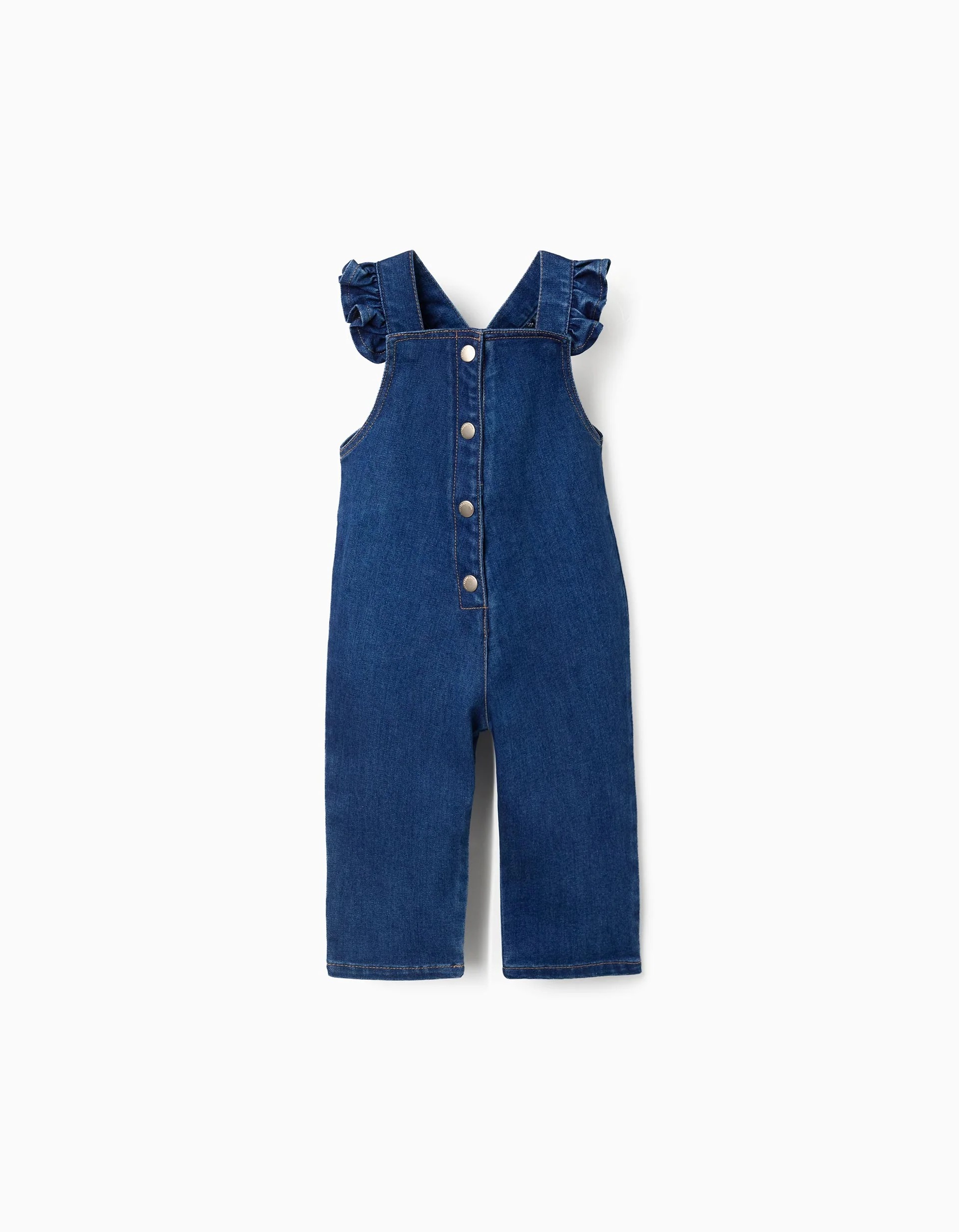 31079609003-0 Combinaison en jean à bretelles volantées pour bébé fille, bleu foncé – Image 1