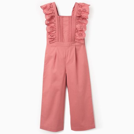 Combinaison en popeline à volants et broderie anglaise pour fille, rose
