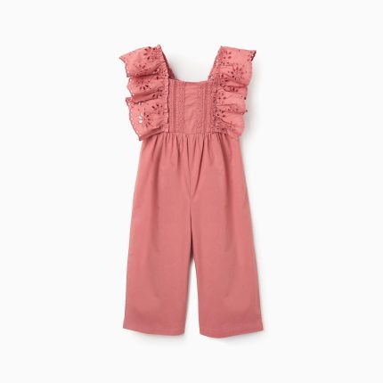 Combinaison en popeline à volants et broderie anglaise pour bébé fille, rose