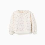 Sweat-shirt en coton blanc à motif floral et col volanté pour fille