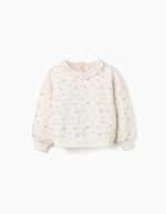 Sweat-shirt en coton blanc à motif floral et col volanté pour fille