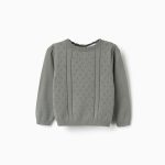 Pull en maille ajourée de coton B&S pour bébé fille, vert foncé