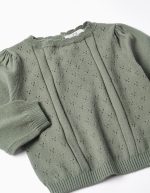 Pull en maille ajourée de coton B&S pour bébé fille, vert foncé – Image 3