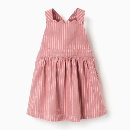 Robe tablier en sergé à rayures pour bébé fille, rose et blanche