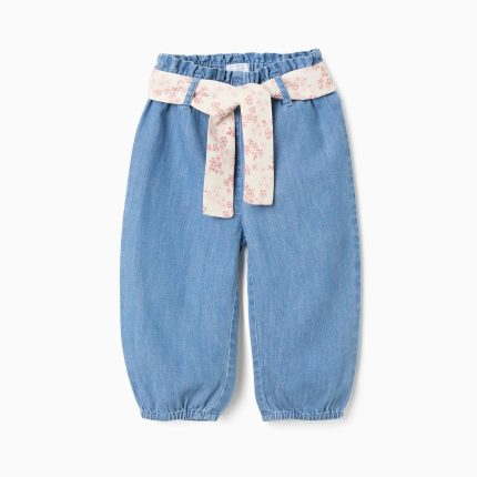 Pantalon en jean à taille haute et ceinture fleurie pour bébé fille, bleu