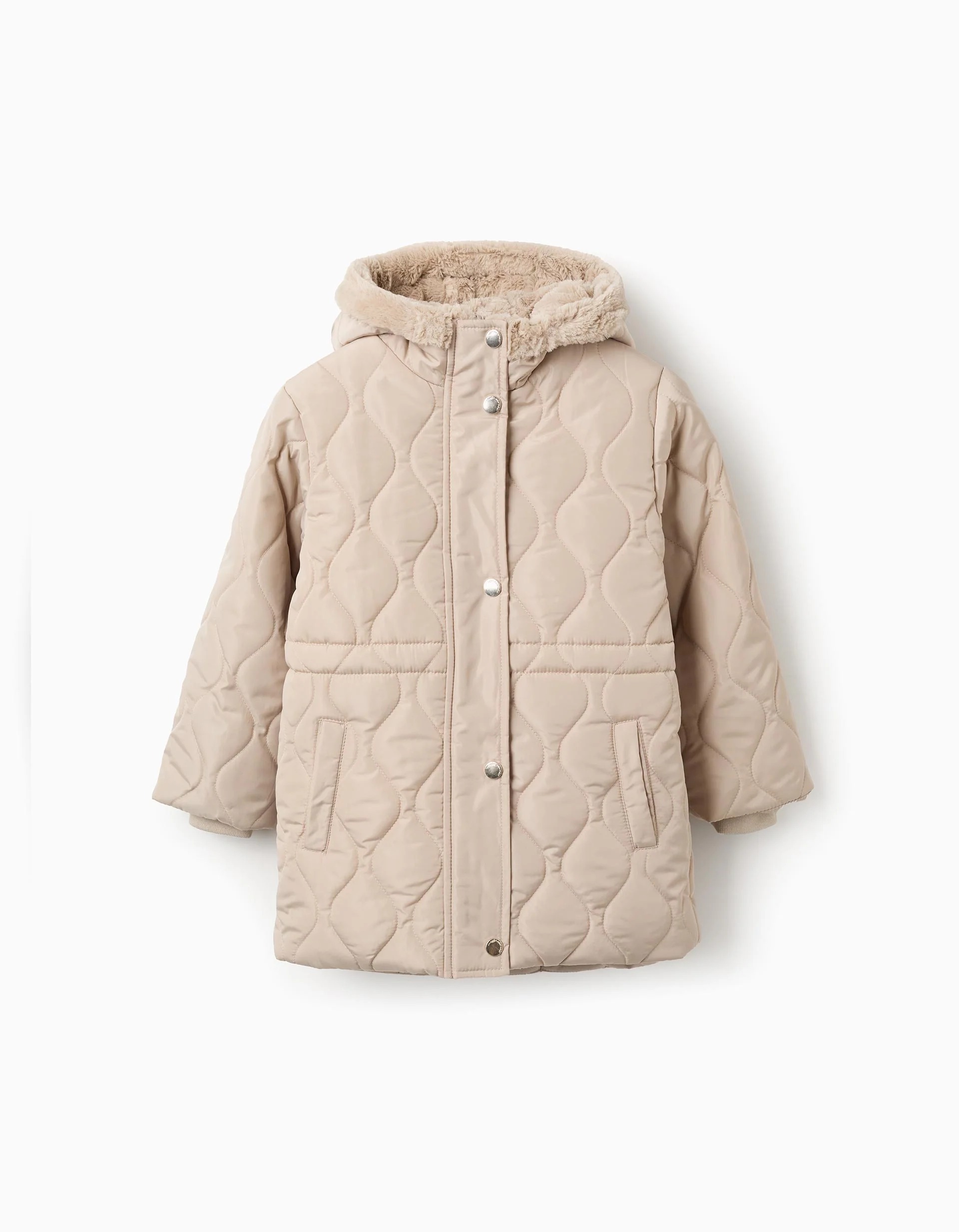 31074239020-0 Parka rembourré de longueur moyenne avec capuche pour filles, beige – Image 1