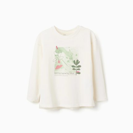 T-shirt en coton à manches longues avec imprimé « Nature » pour filles, blanc