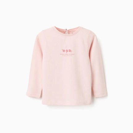 T-shirt en coton à manches longues avec imprimé devant pour les petites filles, rose clair