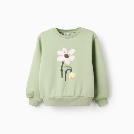 Sweat brossé avec imprimé fleur pour filles, vert clair