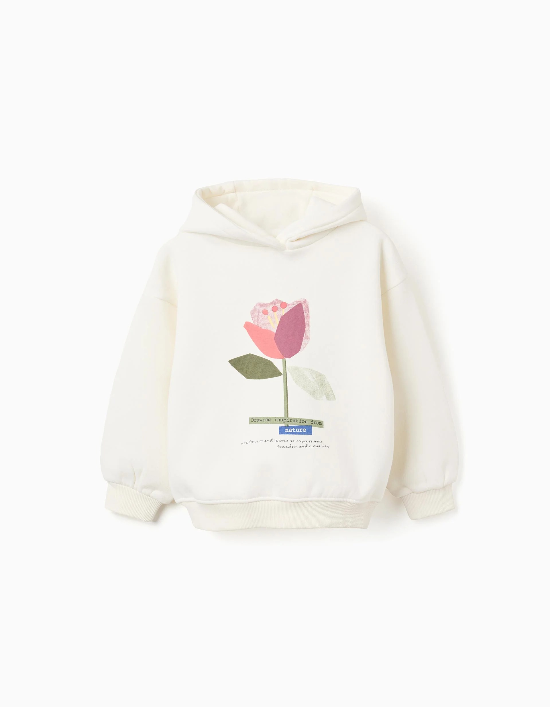 31074651041-0 Sweat à capuche brossé avec imprimé fleur pour filles, blanc – Image 1