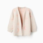 Longue veste tricotée avec lurex et broderie pour filles, beige/rose