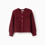 Veste tricotée ouverte avec col à volants pour filles, bordeaux