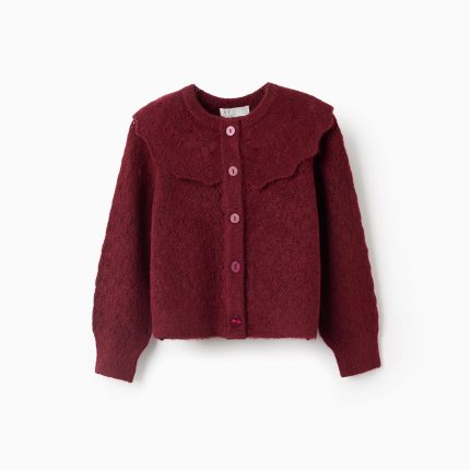 Veste tricotée ouverte avec col à volants pour filles, bordeaux