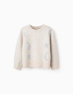 Pull tricoté avec lune en lurex et étoiles pour filles, beige